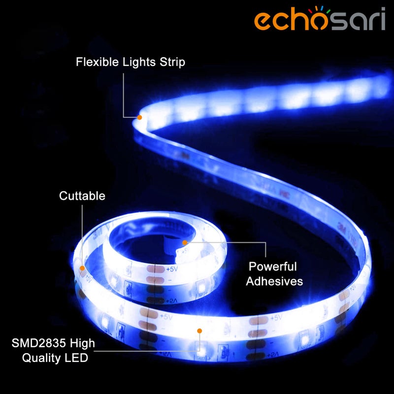 echosari Blue Led Strip Lights Waterproof Battery Operated with Remote, 8 Modes, Dimmable, Timer, Self-Adhesive, Cuttable, 3M 90Led Battery Strip Led Light for Indoor Outdoor Decor - Image 2